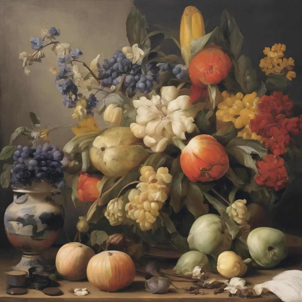 Λουλούδια και φρούτα σε ζωγραφική σύνθεση, δημιουργική και καλλιτεχνική καινοτομία, τέχνη και διακόσμηση.