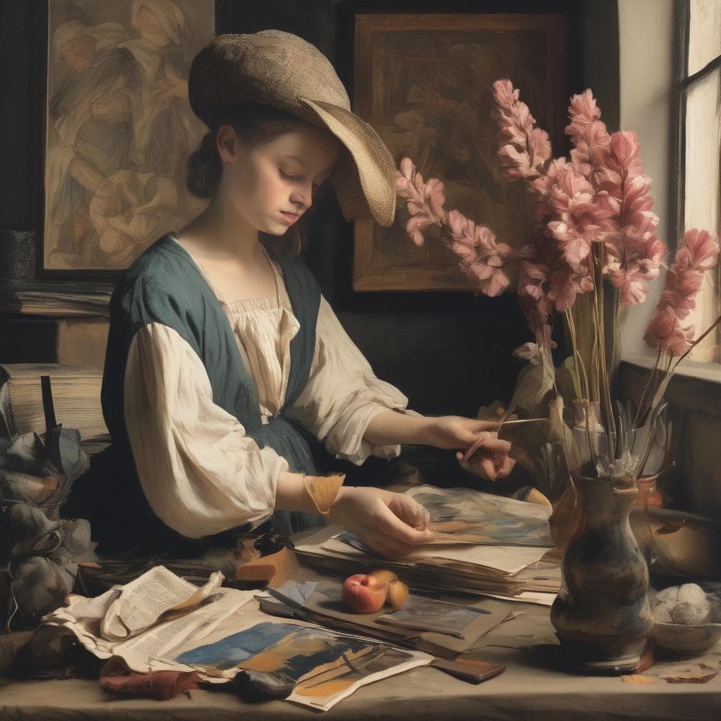 Χαρακτηριστική εικόνα δημιουργικής και καλλιτεχνικής καινοτομίας με γυναίκα ζωγράφο σε στούντιο.